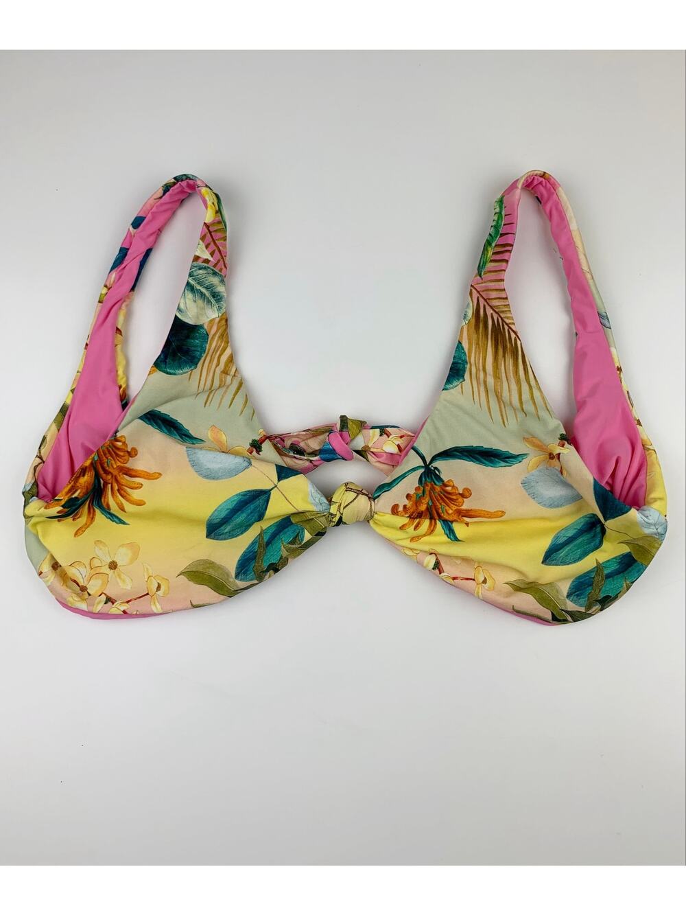 PQ Swim Bikini Top Yellow Pink Floral Tie Back Women's L